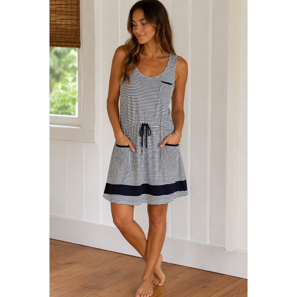 Missa Womens Navy White Striped Cotton Sleeveless Drawstring Pocket Dress Large